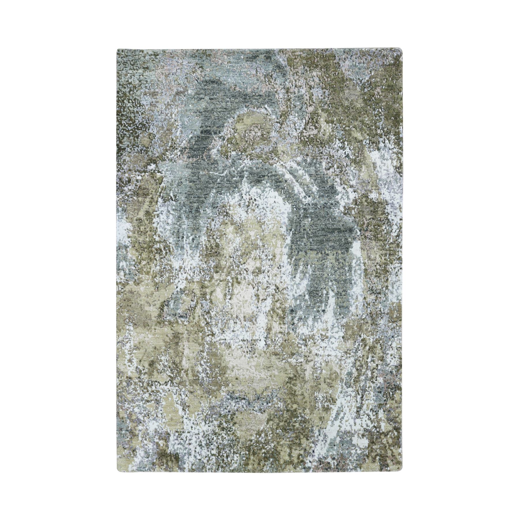 Light Brown with Blue, Densely Woven, Persian Knot, Abstract with Galaxy Design, 100% Wool, Hand Knotted, Oriental Rug